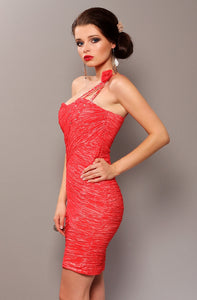 3702-3 Elegant dress with ruffles, worn on one shoulder with a decorative rose - arbuzowy