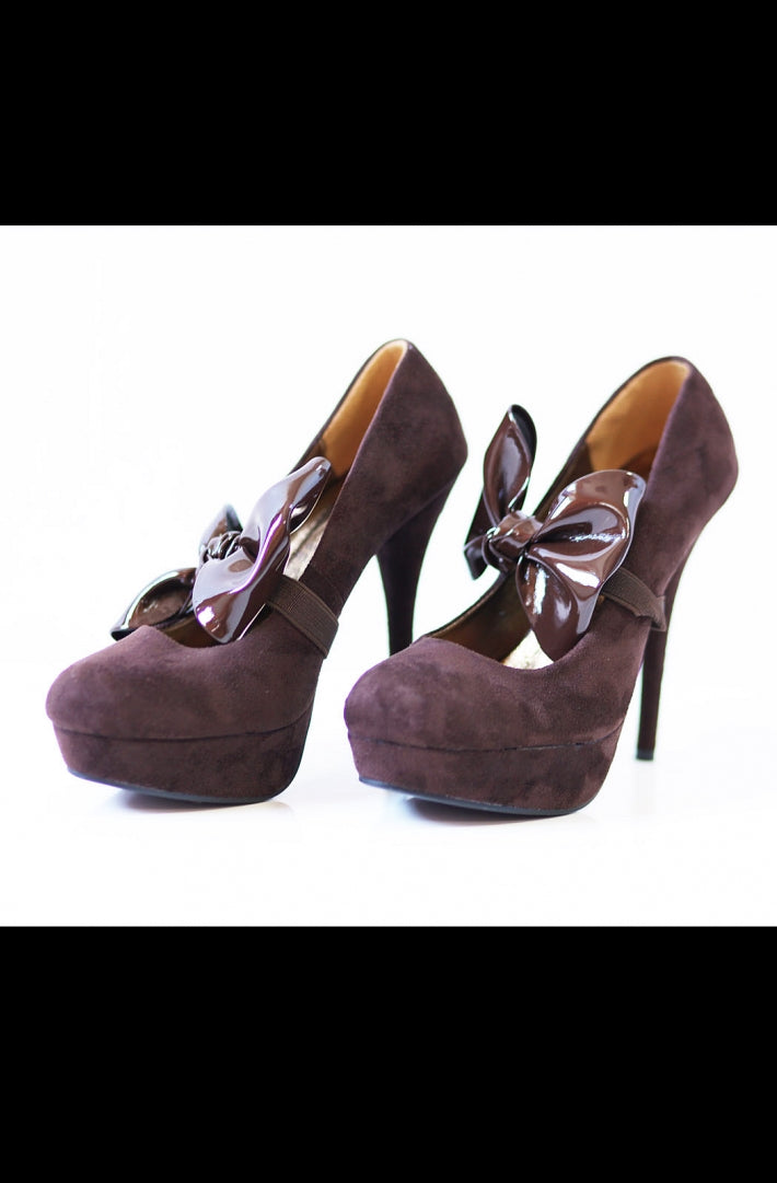 2519-1 High-heeled pumps with bow on elastic band - Brown